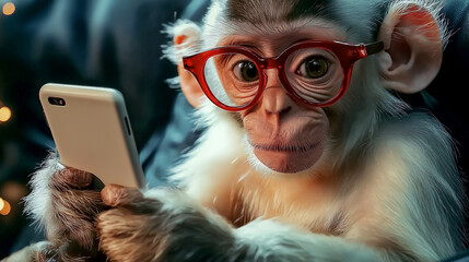 Funny monkey is holding a mobile phone