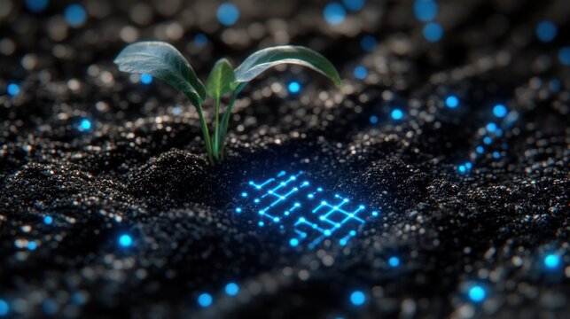 A small green plant sprout growing out of the soil with a digital binary code shining below it.