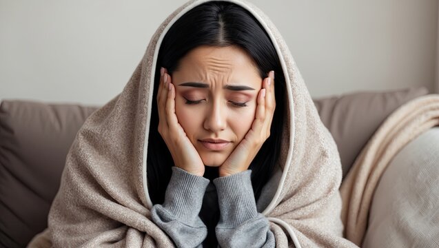 Exhausted Woman Struggling with Fatigue Wrapped in Blanket
