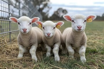 Fototapeta premium Three adorable lambs resting on hay in a farm pasture during early spring