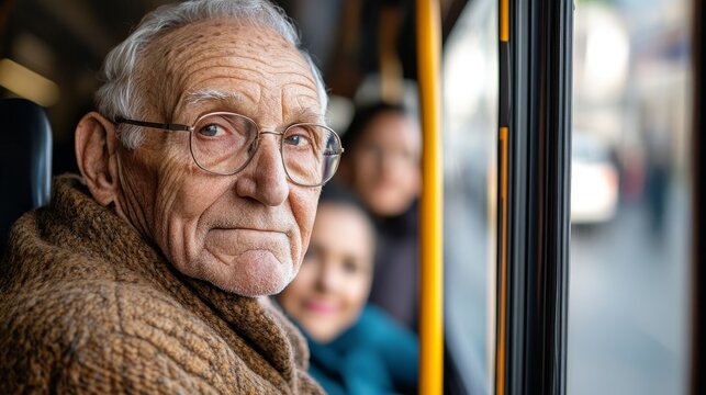 An elderly man with glasses gazes thoughtfully out of a bus window, with blurred figures of two people in the background