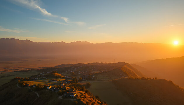 Aerial view over small rural village of Breb in magic sunrise isolated with white highlights, png