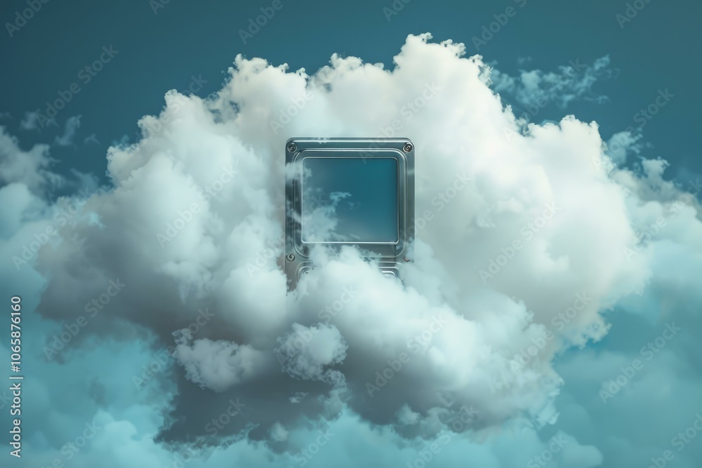 Poster metallic server rack floating in the clouds, symbolizing the concept of cloud computing and data sto