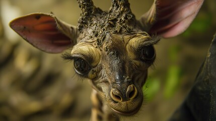 Obraz premium A close-up of a young giraffe, showcasing its large eyes and unique facial features, framed by greenery in its environment.