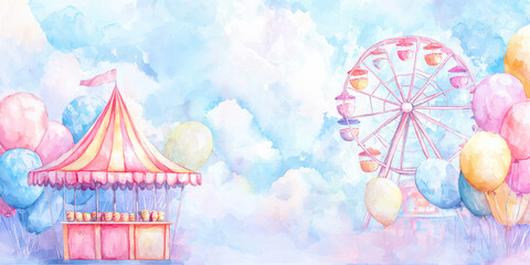 Fototapeta premium Colorful watercolor style illustration of a carnival scene with a carousel, Ferris wheel, tents, and balloons under a bright sky.