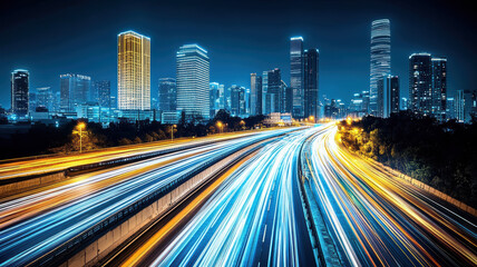 Obraz premium Nighttime cityscape with glowing windows