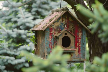 Old colorful birdhouse is hanging from a tree branch in the forest