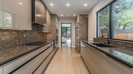 Obraz premium Modern Kitchen Interior with Brown Glossy Cabinets and Black Countertop