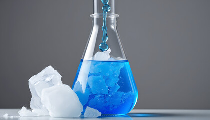 Boiling flask with blue water and dry ice. Boiling chemical experiment. Chemical reaction. Chemist demonstration isolated with white highlights, png
