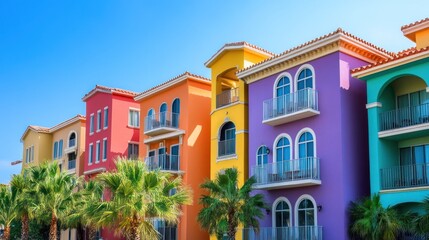 Fototapeta premium Colorful buildings with balconies and palm trees under a clear blue sky.