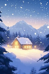 Fototapeta premium Cozy wooden cabin glowing in snowy mountain landscape at dusk