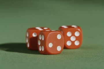 Closeup of three red dice on a green felt surface