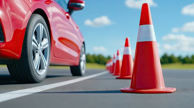 Training site with red traffic cones marking a driving school parking lot under a clear sky for student practice