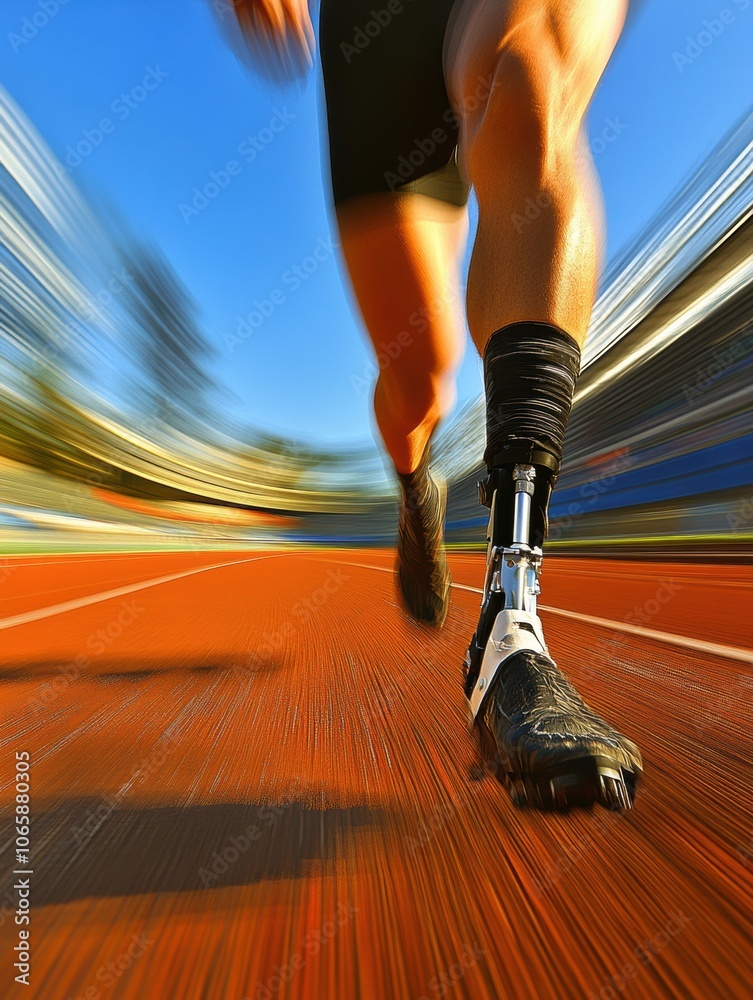 Leinwandbilder an athlete swiftly runs on a track using a prosthetic leg, focused on maintaining speed and techniqu