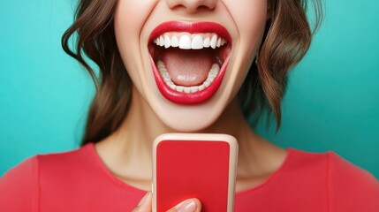 I want like on instagram! Crazy subscriber addicted people person concept. Close up photo portrait of attractive funny cheerful toothy lady using holding cellular in hand isolated bright background