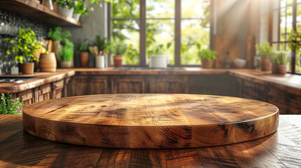Fototapeta premium Kitchen wooden table in rustic home kitchen interior. Wooden podium in the foreground to display or mount your product.
