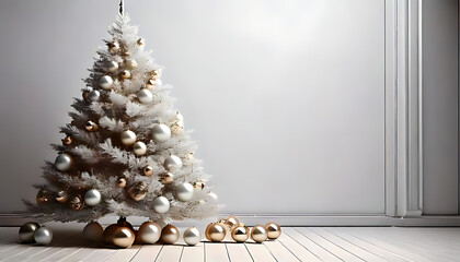 minimal style christmas scene featuring white tree metallic ornaments white backdrop festive modern holiday look