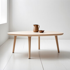 Fototapeta premium Minimalist Stilted Coffee Table – A coffee table elevated on thin, stilt-like legs, creating an airy appearance and showcasing a light wood finish, set against a white background