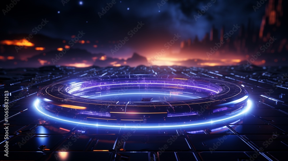 Sticker neon circle glows brightly against a dark tech-themed backdrop, creating a futuristic and dynamic ae