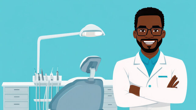 Dentist office scene celebrating world dentist day with professional dentist. International Dentist day. Stomatology Day. Dental health and hygiene concept. Flat illustration. Copy space - Powered by Adobe