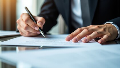 Professional businessman signing documents in office setting