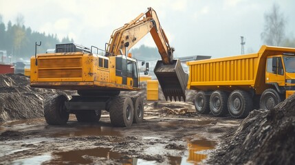 Obraz premium Excavator loading dump truck at construction site on cloudy day