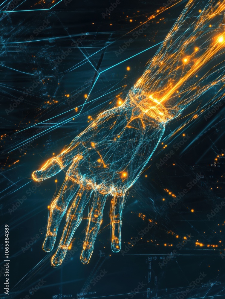 Aufkleber An abstract visualization shows a prosthetic arm responding to neural signals, with bright lines symbolizing the brain's control over the device. Generative AI