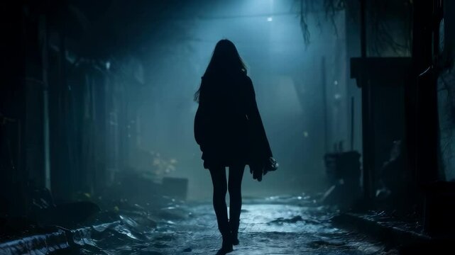 Girl walks away down dark alley alone, silhouette of woman at night, concept of scary vibe, fear, person, horror.