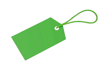 Green price tag with string loop isolated on white background.