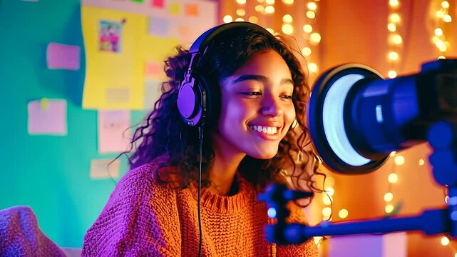 Content Creator in Vibrant Home Studio Recording Video
