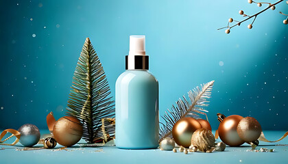 minimalistic scene features cosmetic bottle light blue backdrop christmas decorations