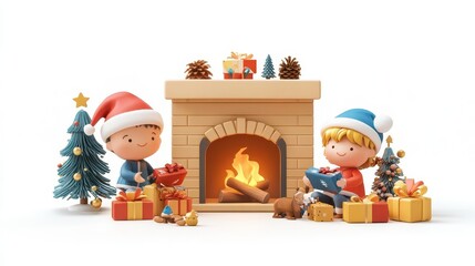 kids opening gifts around a cozy fireplace, family holiday joy, 3D illustration, isolated on white background