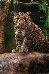 Obraz premium Powerful Leopard, Panthera Pardus, Sitting Alertly on a Rock in a Lush Tropical Forest Environment