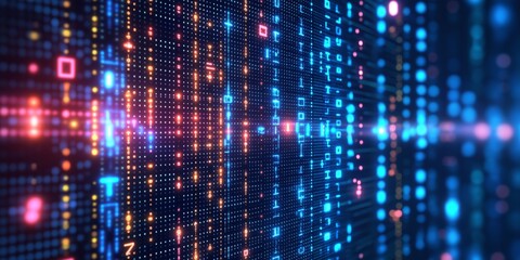 Obraz premium Abstract cyberpunk glitch design featuring a vibrant digital matrix of glowing dots and lines in blue and orange hues