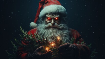 Santa Claus with glowing red eyes holds a wreath in a mysterious, snowy setting, AI