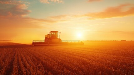Fototapeta premium A modern agricultural machine demonstrated in a field at sunrise, highlighting sustainable farming practices