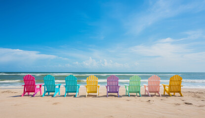 Obraz premium Colorful sun chairs lined up on a sandy beach under a bright blue sky. Generative AI