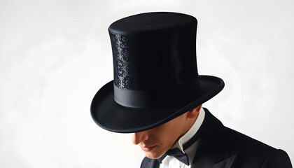 Stylish attire, vintage men fashion and magic show conceptual idea with 3/4 angle on victorian black top hat with clipping path cutout in ghost mannequin technique isolated on white background isola