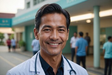 Fototapeta premium Close portrait of a smiling 40s Bruneian man doctor looking at the camera, Bruneian hospital blurred background