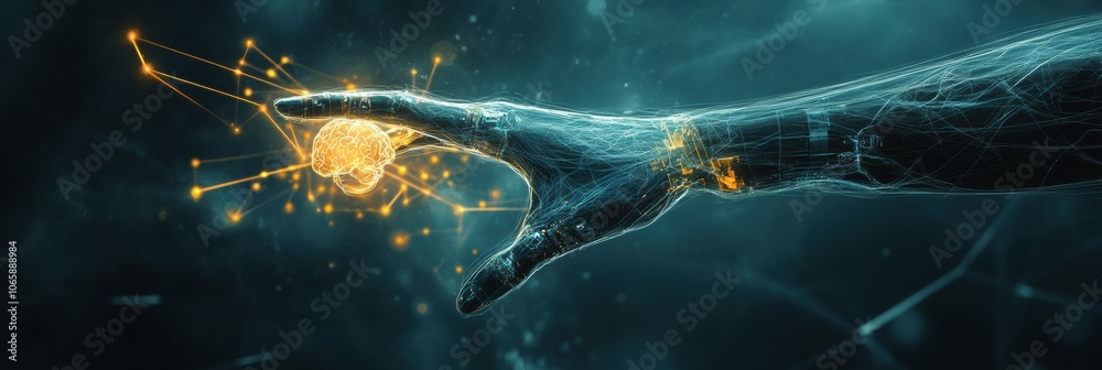 Aufkleber a prosthetic arm glows with neural signals radiating from the brain, representing advanced technolog