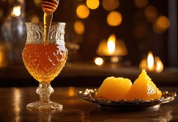 close view ornate traditional mead glass featuring honey dipper nestled amongst glimmering honey drips intricate glasswork, vintage, amber, sweet, pot