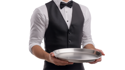 Professional Male Waiter Holding a Silver Tray isolated on transparent background