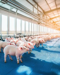 Piglets standing in modern pig farm, raising livestock for meat production