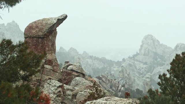 Rock formations in a snowstorm in Castle Rocks State Park, Idaho.