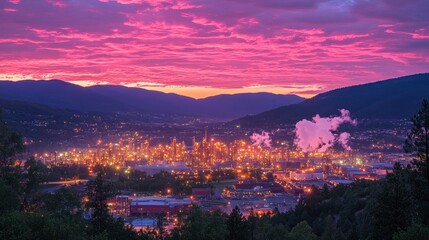 Fototapeta premium A vibrant pink sunset illuminates a valley filled with industrial buildings, casting a glow over the cityscape.