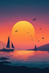 Naklejka premium Sailboats on sunset waters