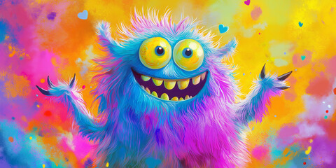 Fototapeta premium Bright and playful monster character in a vibrant, colorful style with an energetic expression, set against a splatter-paint background. Ideal for children's illustrations or playful designs.