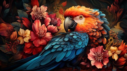 Obraz premium Bright tropical pattern with lush jungle vegetation and exotic animals, offering a vibrant, nature-inspired design.
