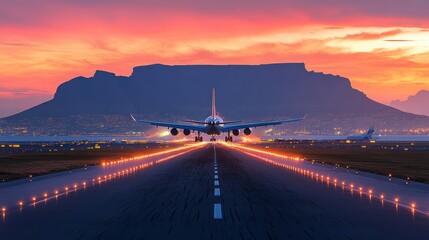 Fototapeta premium Airplane taking off with Table Mountain in the background at sunset.