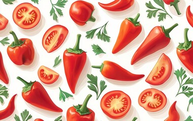 Naklejka premium Vibrant red peppers and tomatoes arranged artistically on a white background with sprigs of fresh parsley for culinary inspiration